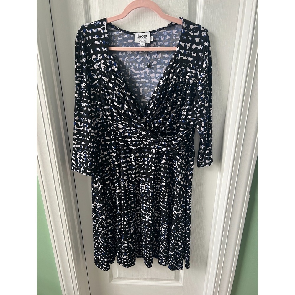 Leota For Dia & Co Womens Dress Black Blue Faux Wrap V Neck Size 2L NWOT
